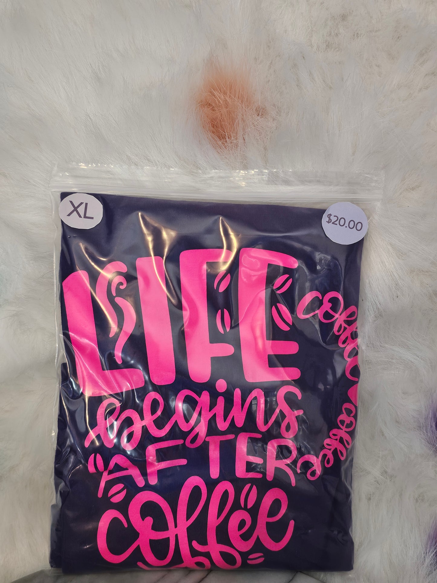 Size XL 100% cotton Purple Life begins after coffee Tshirt