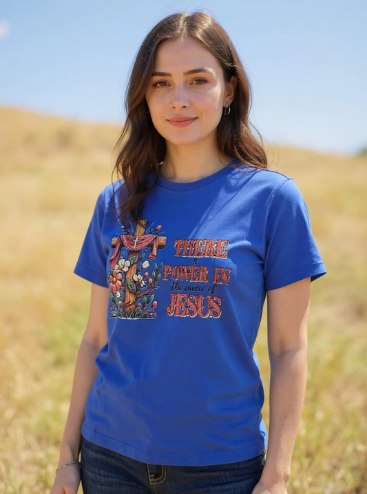 Size M 100% cotton Blue There is power in the name of Jesus Tshirt