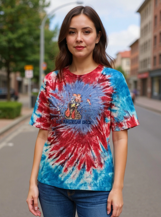 Size XL 100% cotton blue & red tye dye All America chick Tshirt