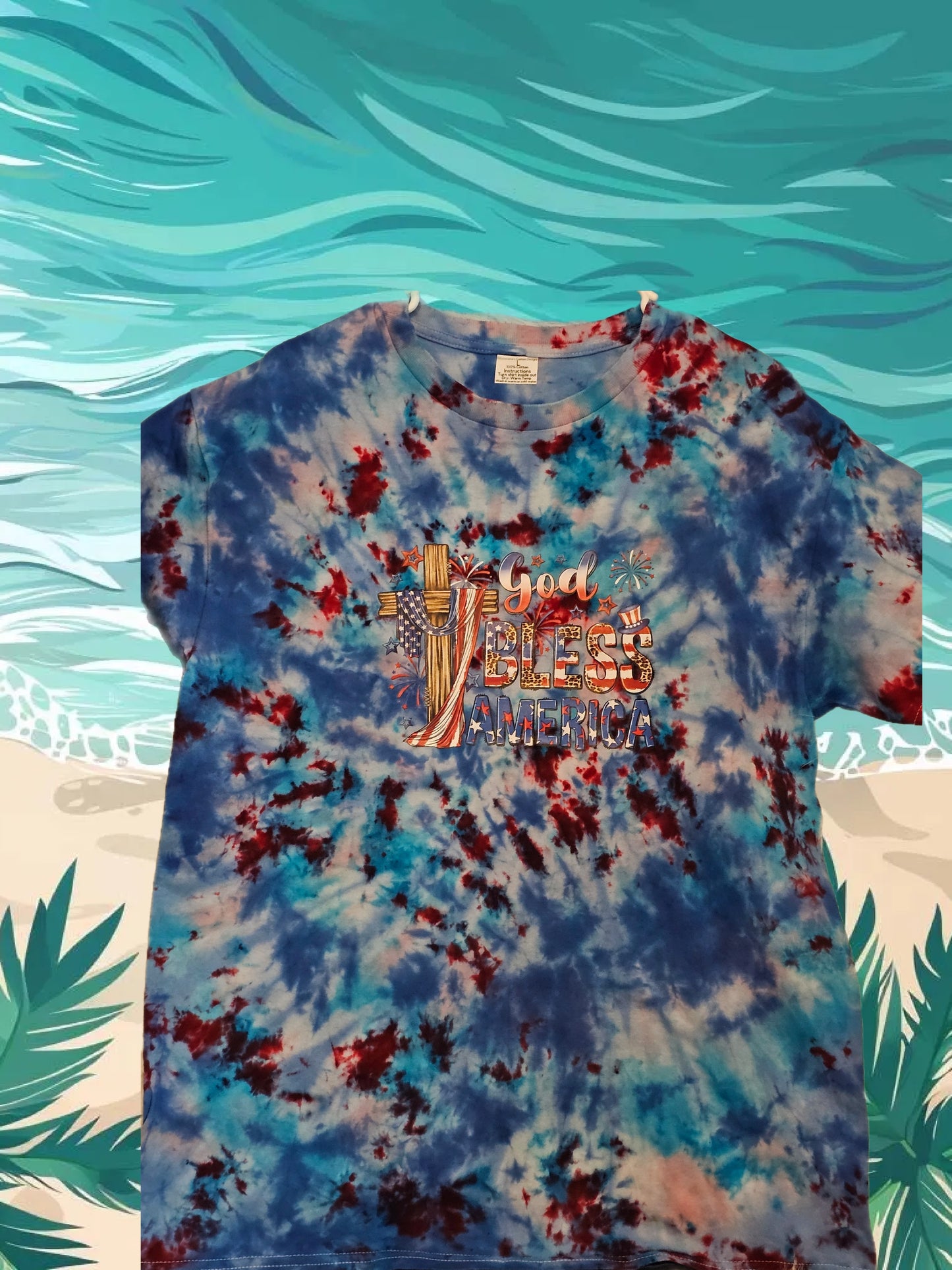 Size L 100% cotton tye dye God Bless America with cross Tshirt
