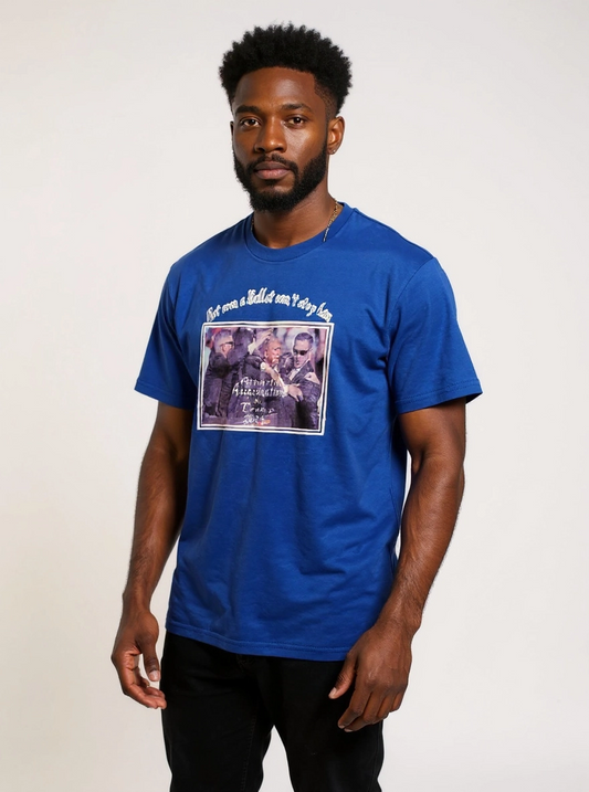 Size L 100% cotton Not even a bullet can stop him blue Tshirt