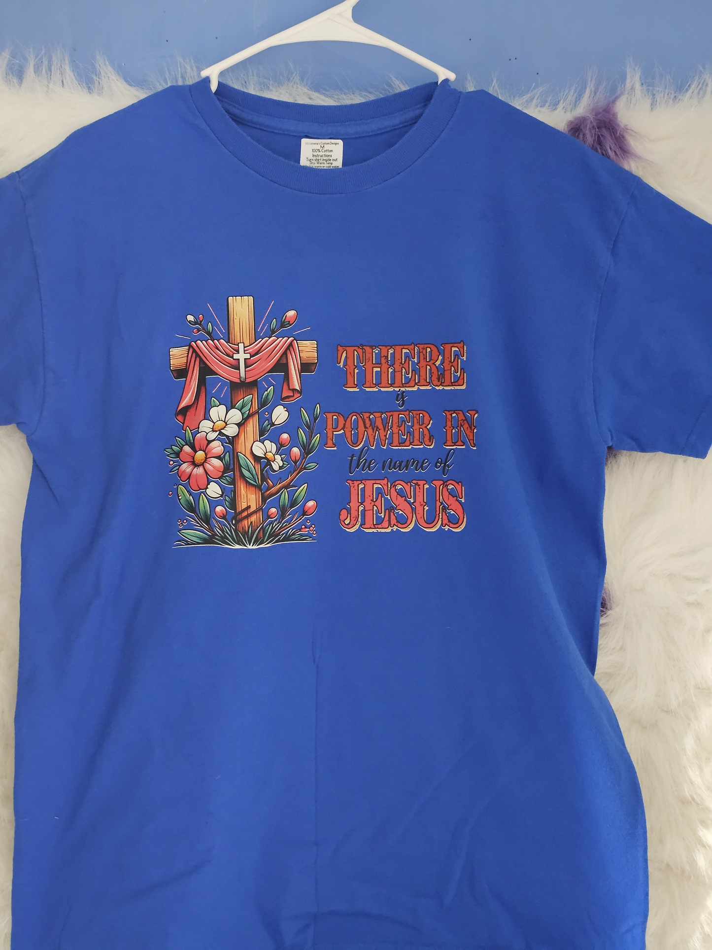 Size M 100% cotton Blue There is power in the name of Jesus Tshirt