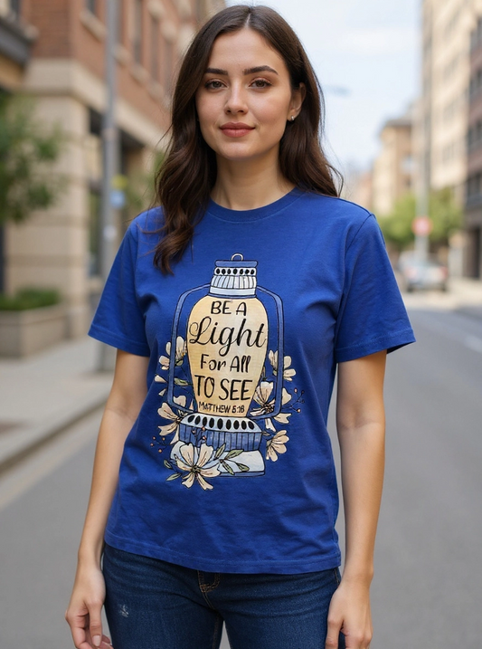 Size L 100% cotton blue Be a light for all to see Tshirt