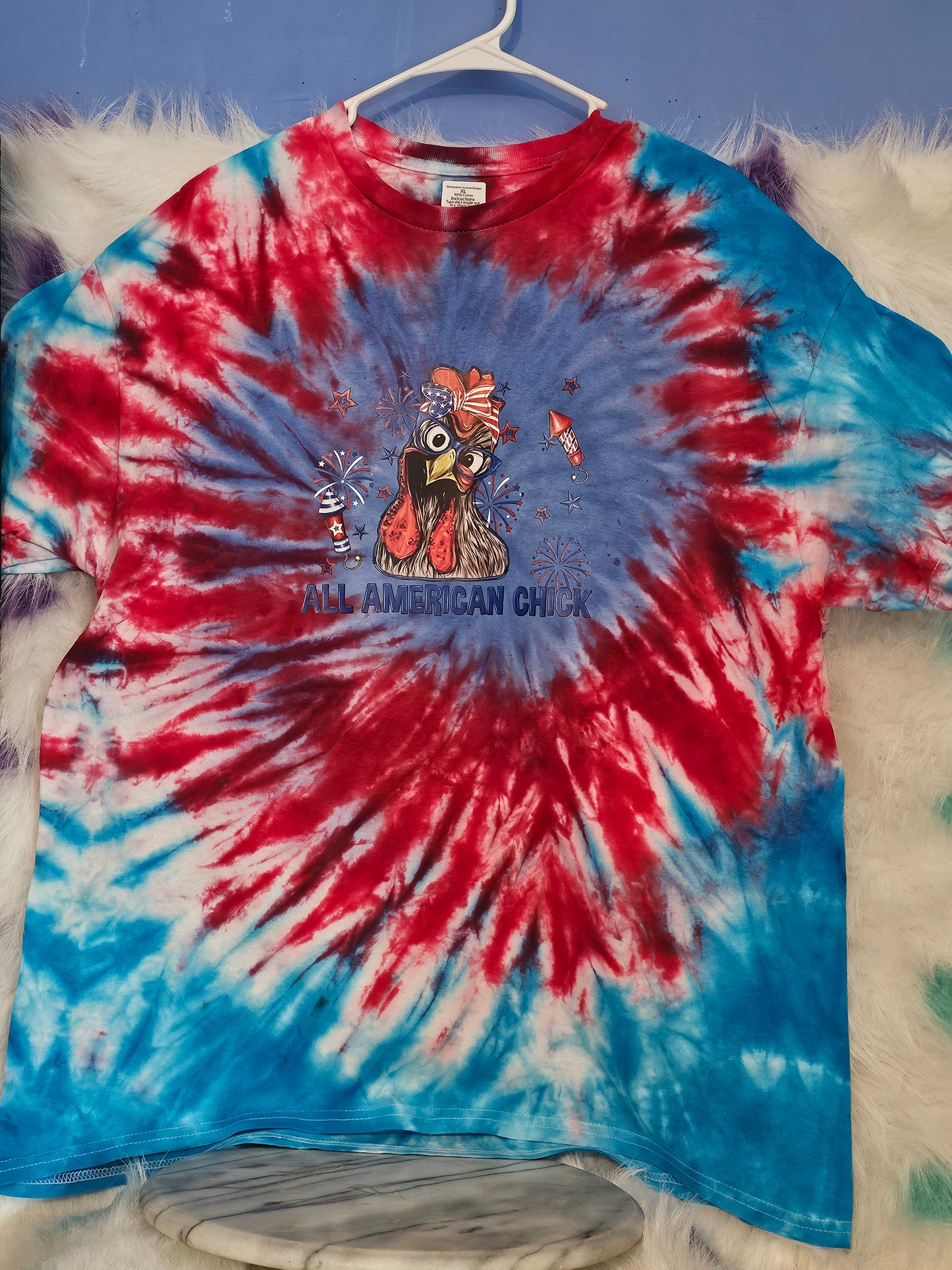 Size XL 100% cotton blue & red tye dye All America chick Tshirt
