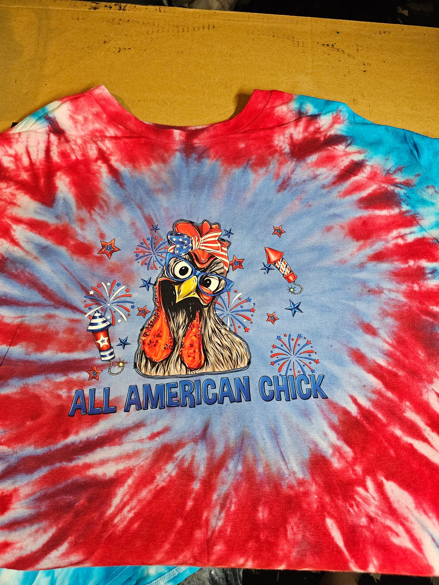 Size XL 100% cotton blue & red tye dye All America chick Tshirt