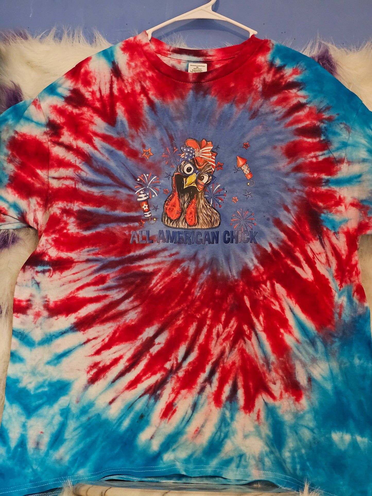 Size XL 100% cotton blue & red tye dye All America chick Tshirt