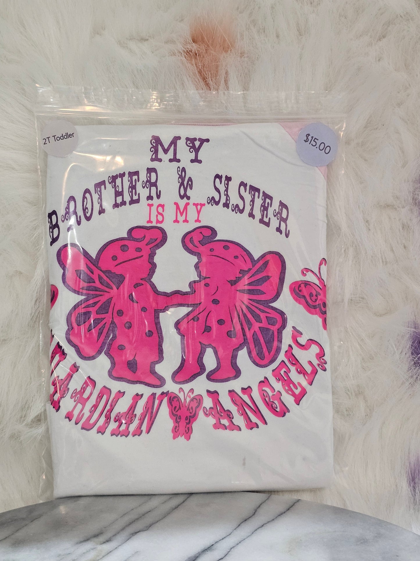Size 4T 100% cotton White &Pink brother & sister is my guardian Angel