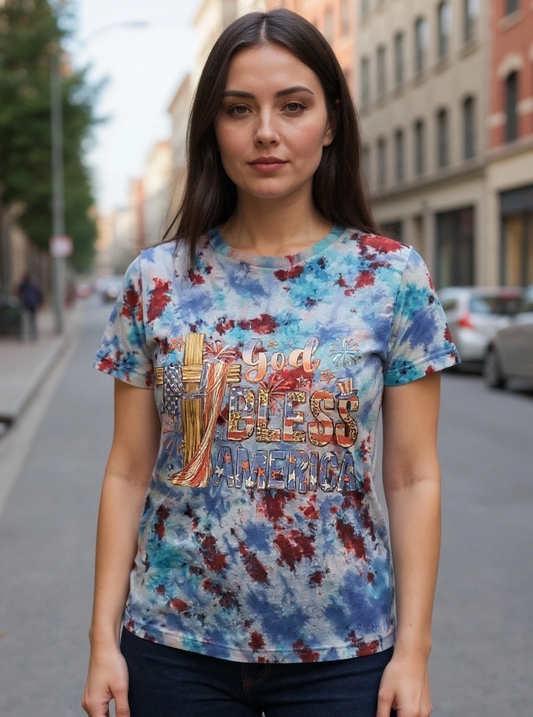 Size L 100% cotton tye dye God Bless America with cross Tshirt