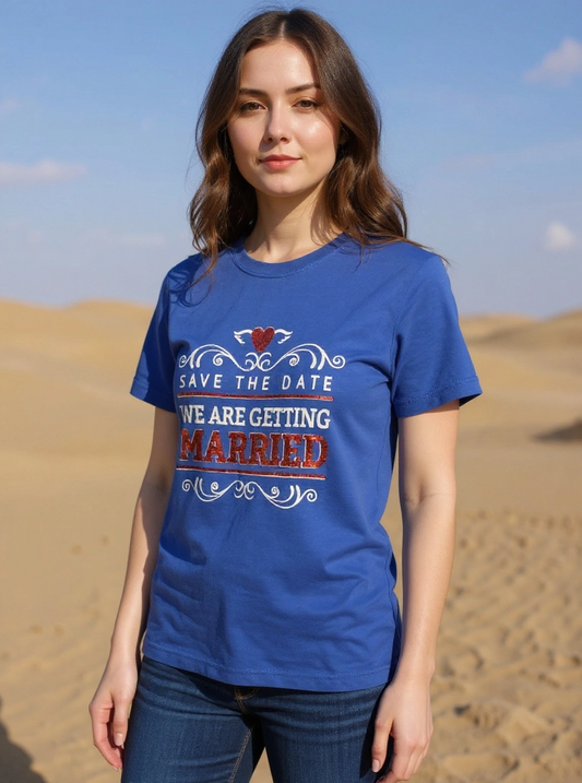 Size M 100% cotton Blue We are getting married Tshirt