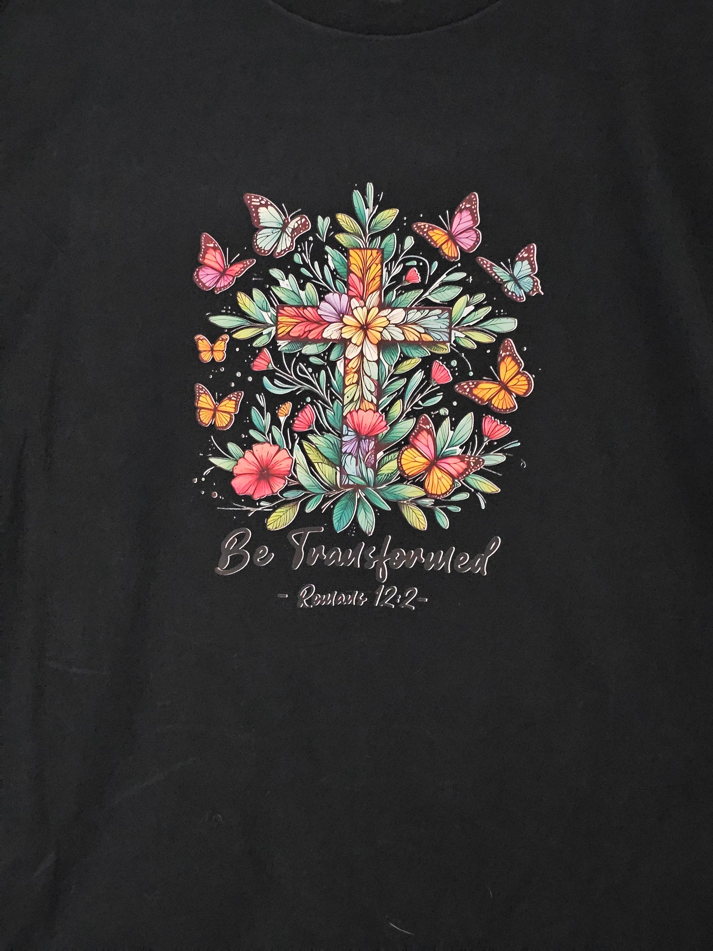 Size 3x 100% cotton Black shirt with cross and flowers