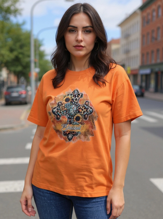 Size L 100% cotton Orange Blessed cross with sunflowers Tshirt