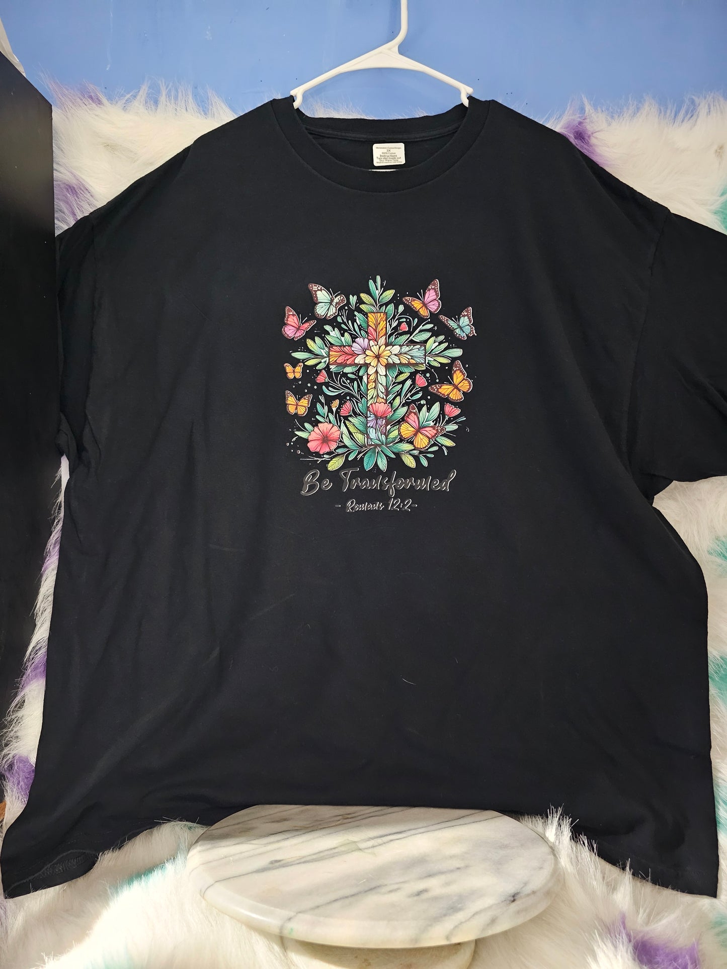 Size 3x 100% cotton Black shirt with cross and flowers