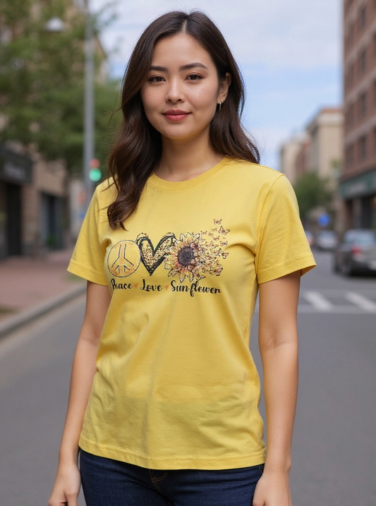 Size L 100%cotton yellow Peace, Love and Sunflower Tshirt