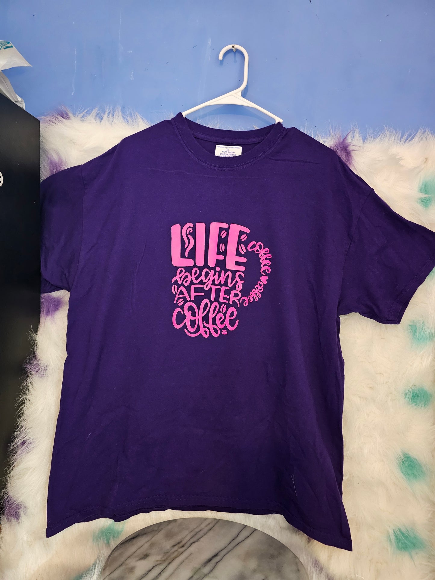 Size XL 100% cotton Purple Life begins after coffee Tshirt