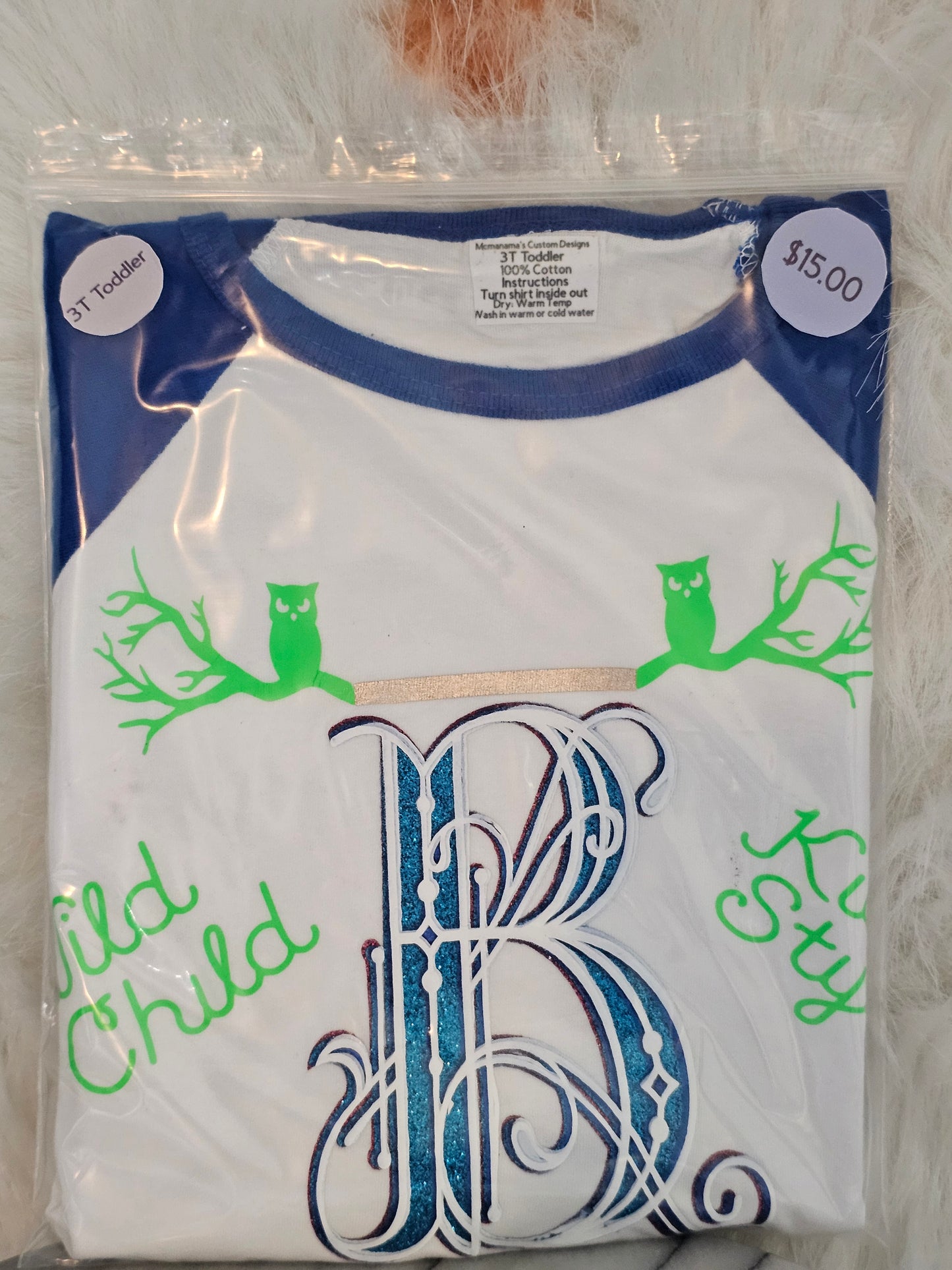 Size 3T 100%cotton White &blue Personalized toddler shirt with the letter B and name
