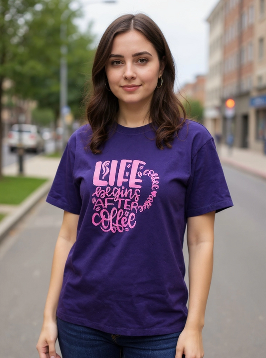 Size XL 100% cotton Purple Life begins after coffee Tshirt