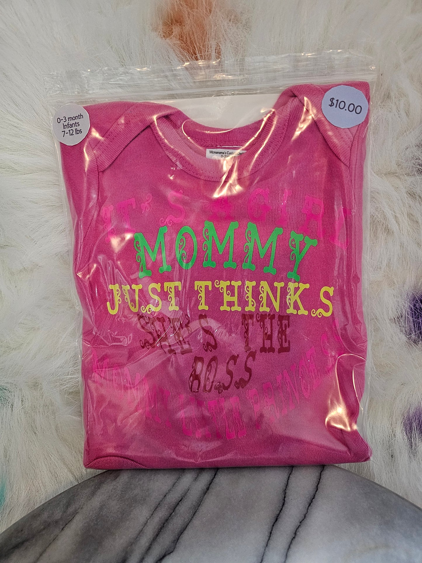 Size 0-3 months 100% cotton Pink Mommy just thinks she's the boss oneies