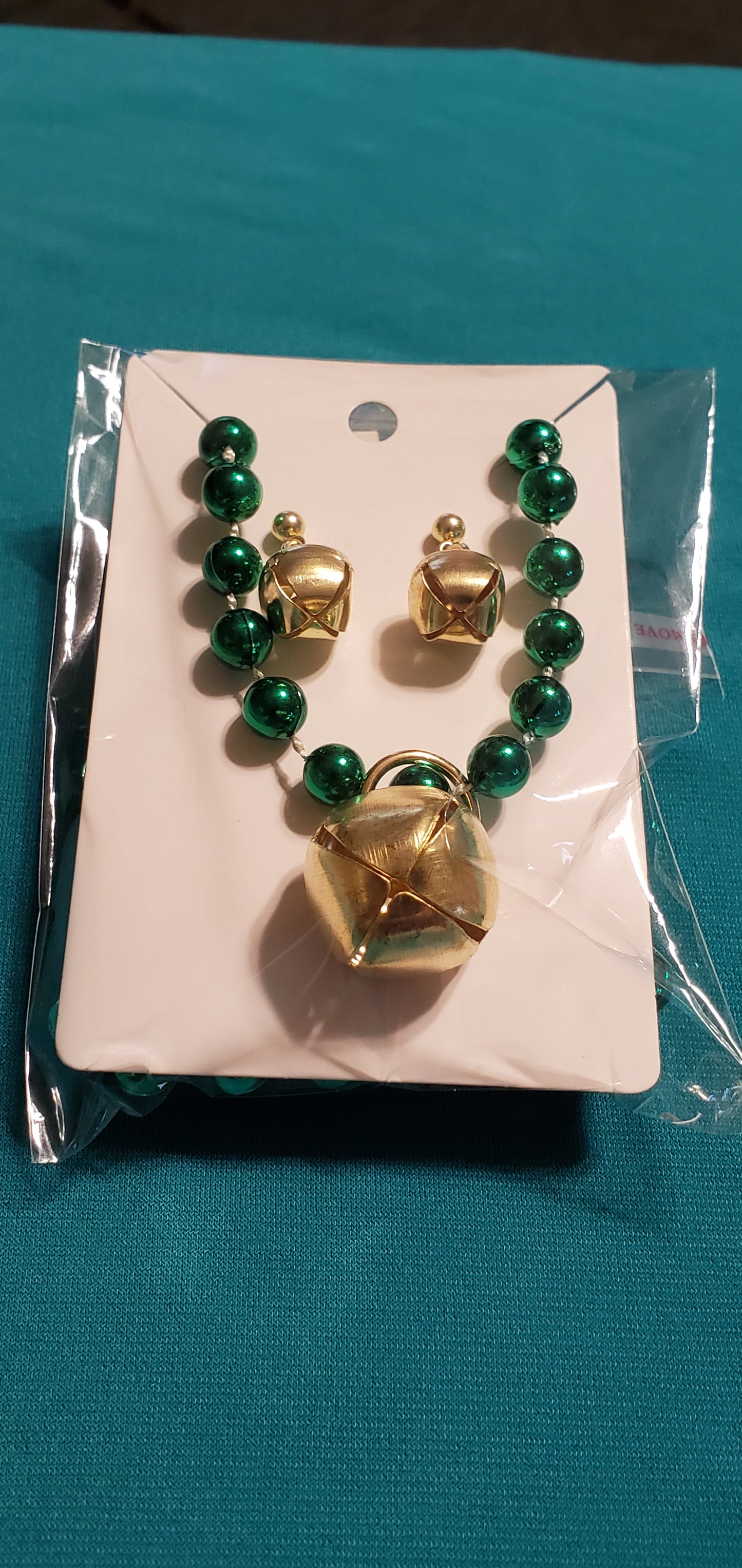 Christmas bells on green beaded necklace and earrings