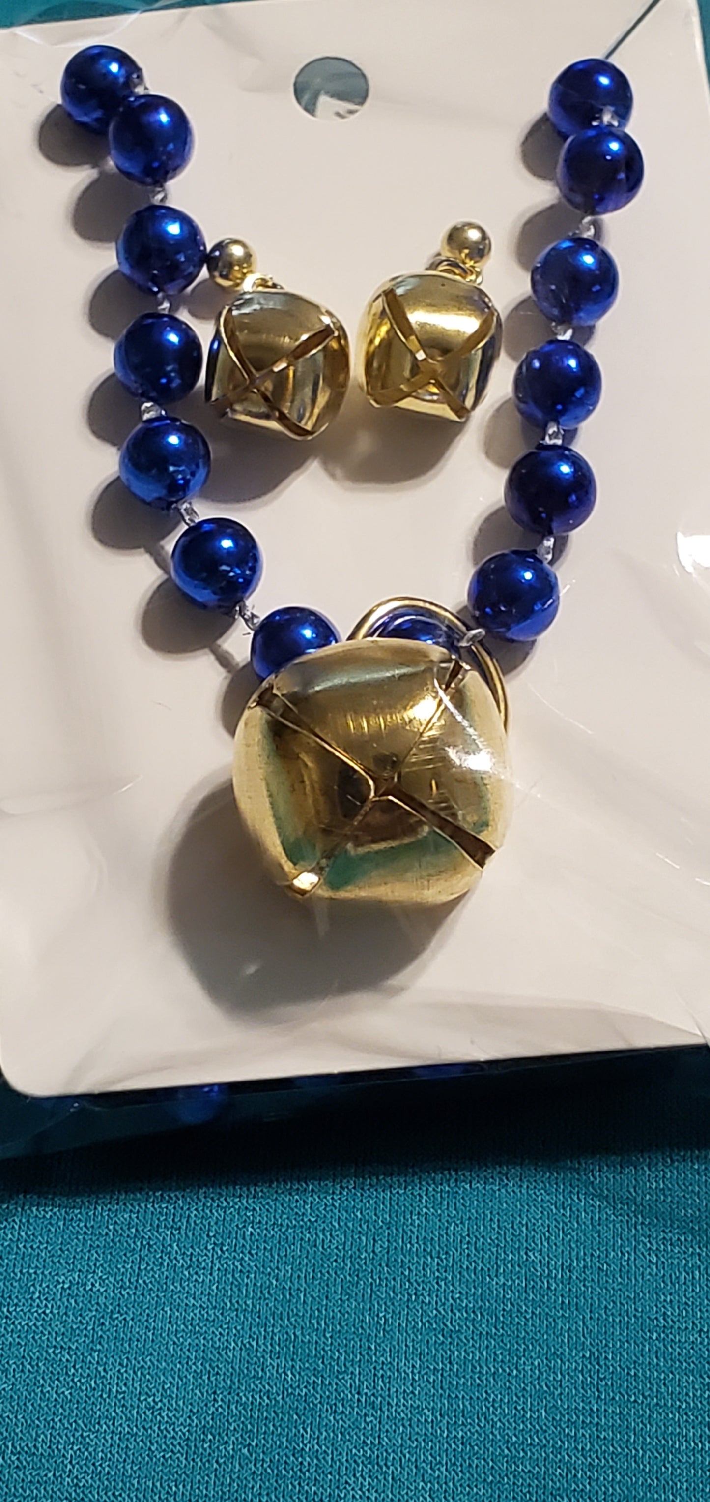 Christmas bells on blue beaded necklace and earrings