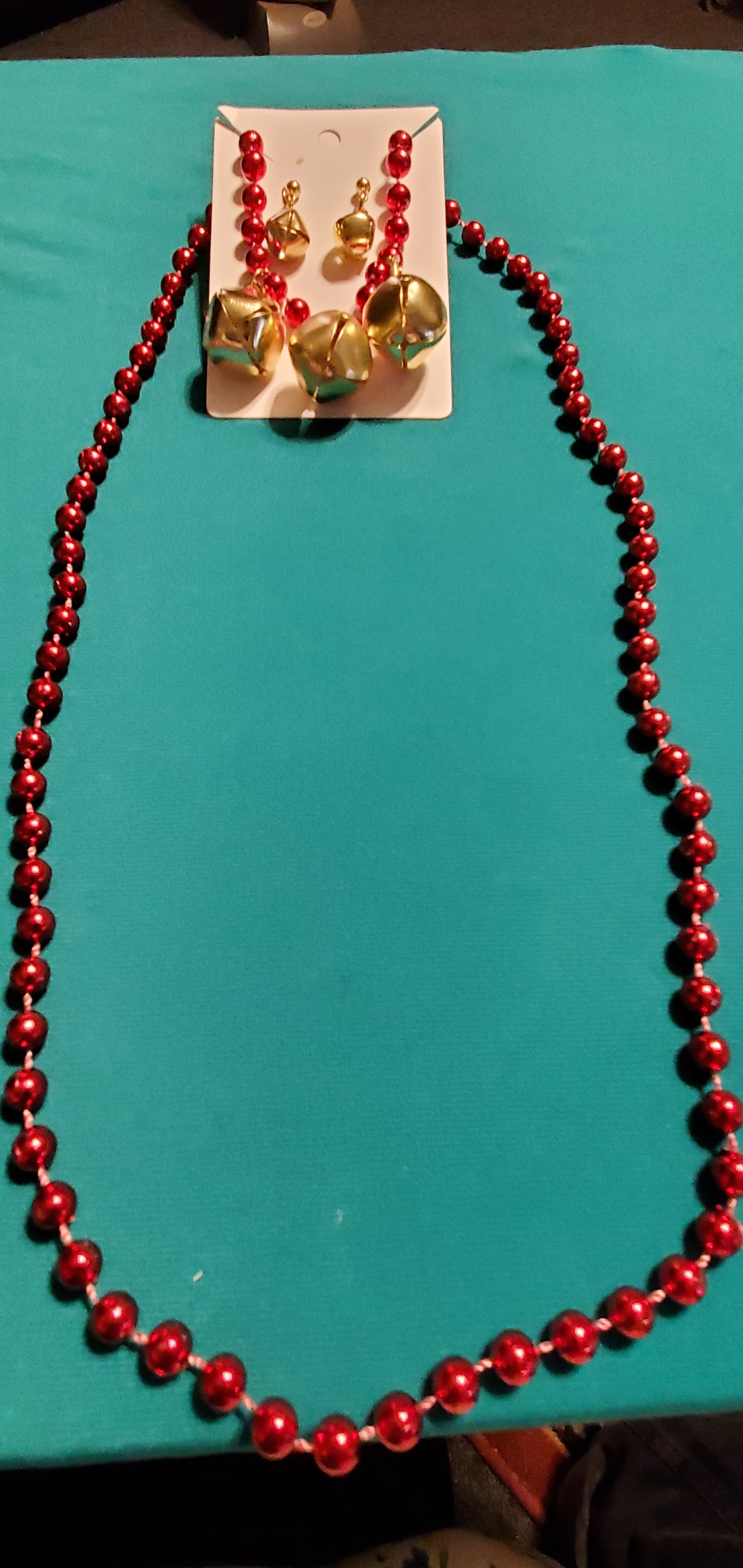 Christmas bells on red beaded necklace and bells earrings