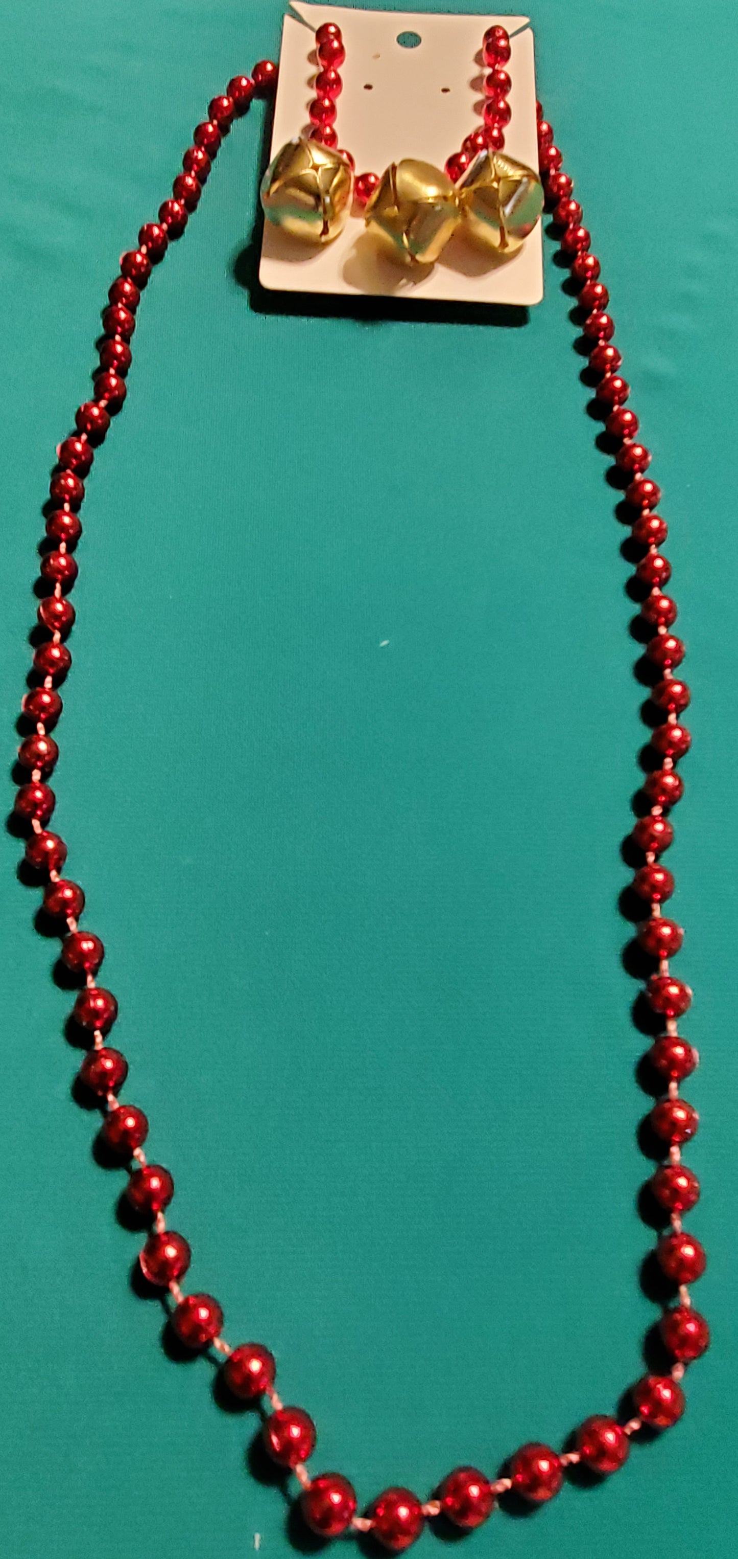 Christmas bells on red beaded necklace and bells earrings
