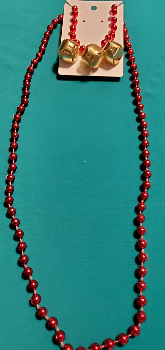 Christmas bells on red beaded necklace