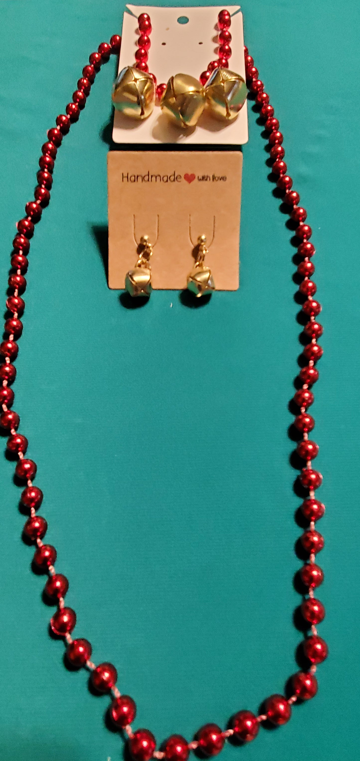 Christmas bells on red beaded necklace and bells earrings