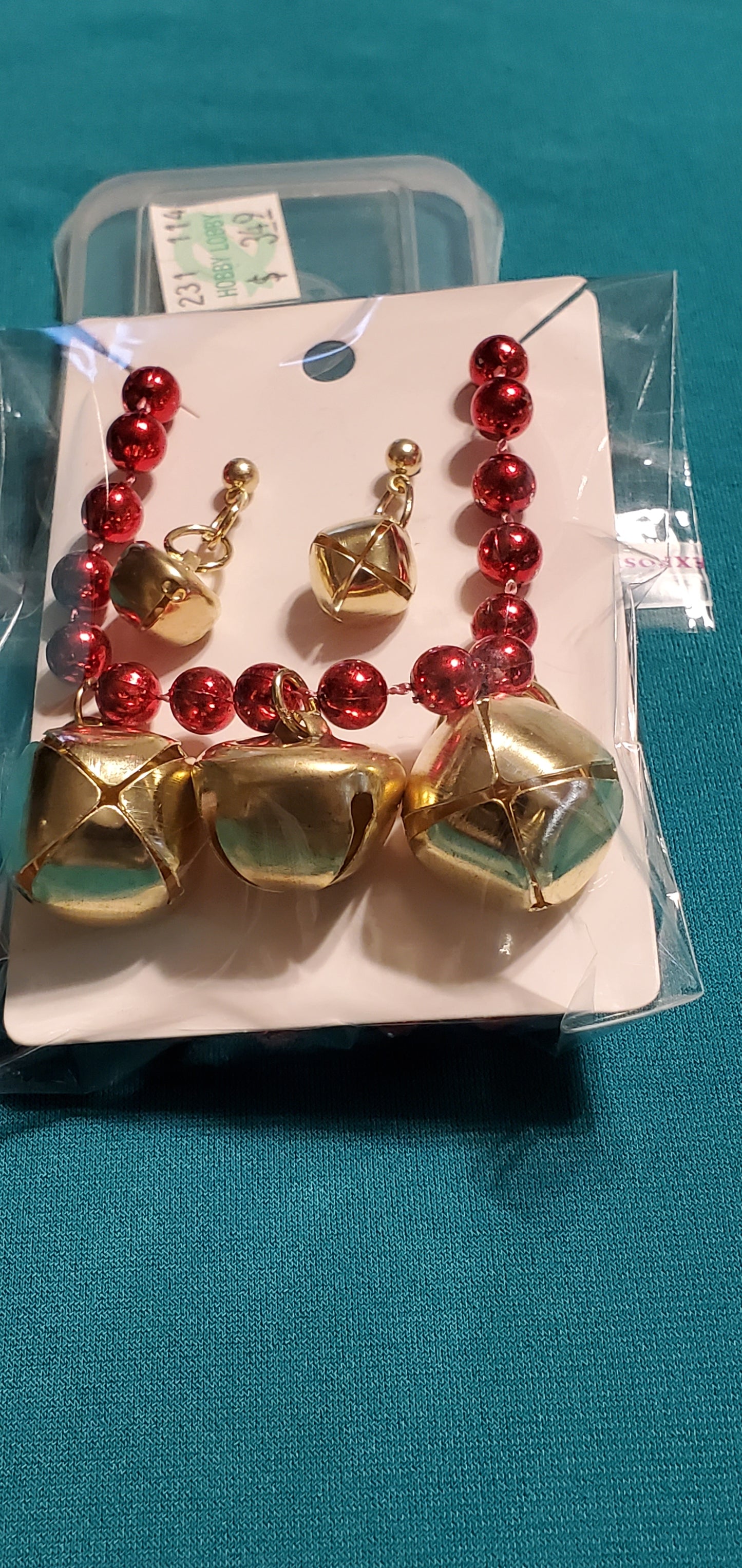 Christmas bells on red beaded necklace and bells earrings