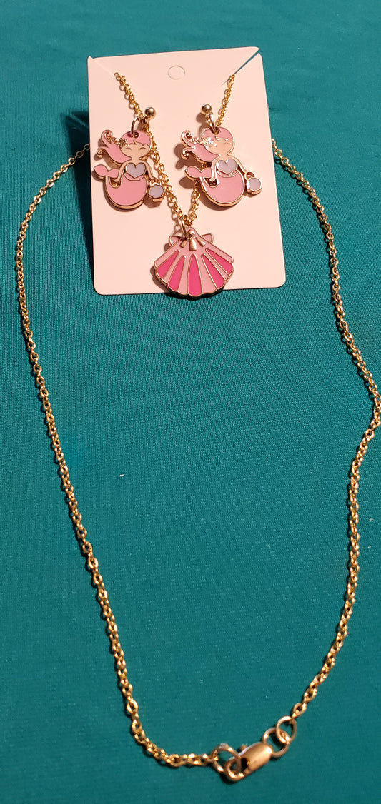 Gold plated pink mermaid earrings and pink sea shell