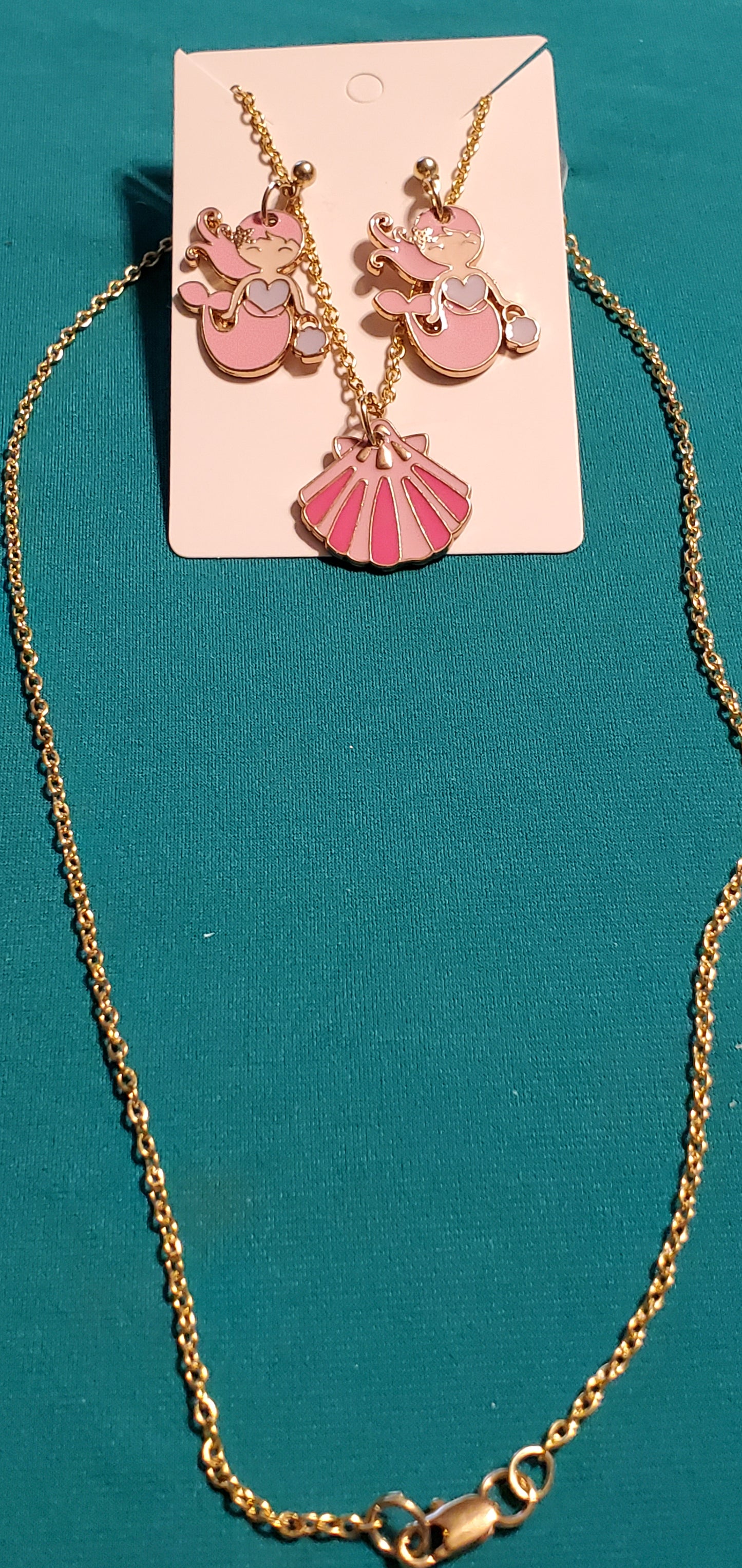 Gold plated pink mermaid earrings and pink sea shell