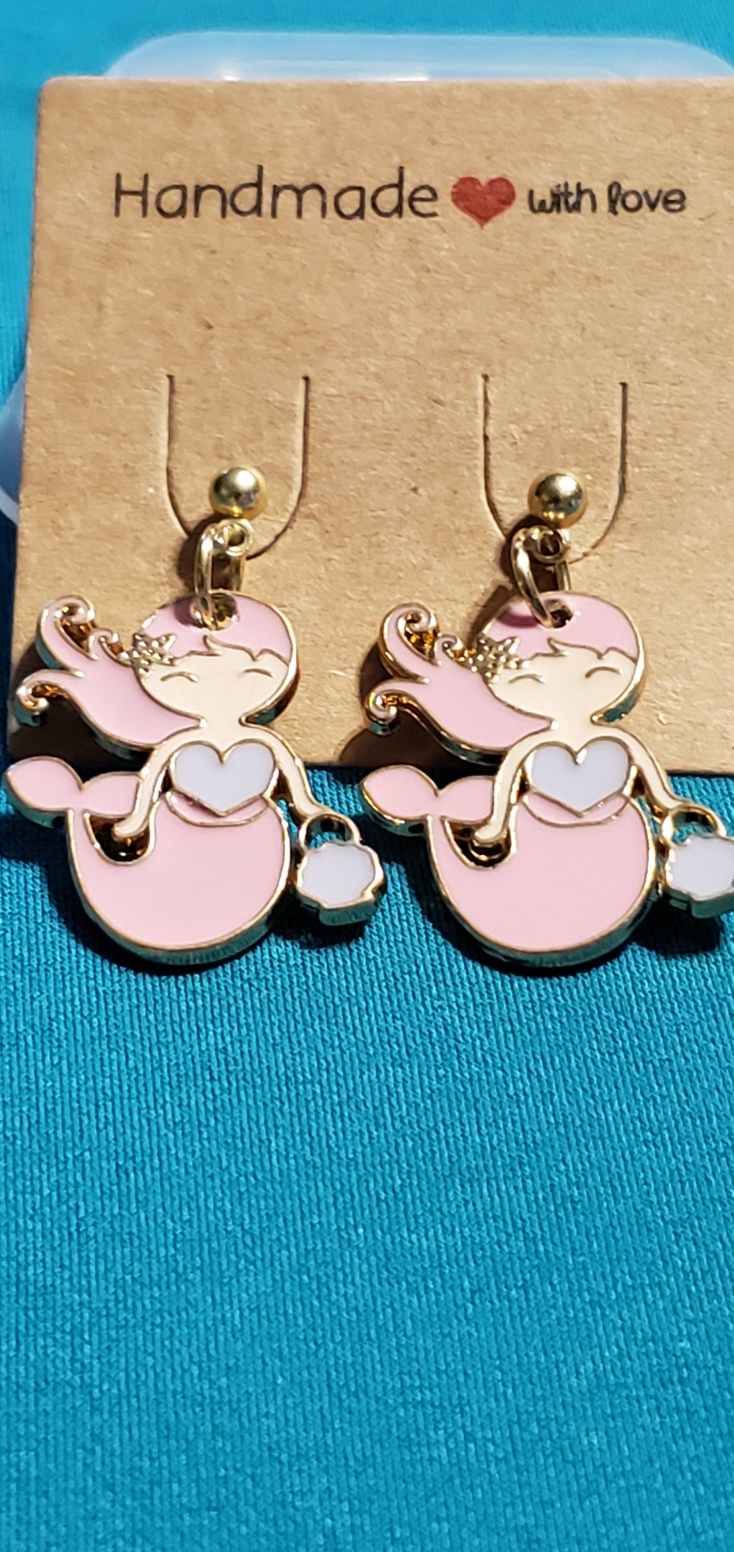 Gold plated pink mermaid earrings and pink sea shell