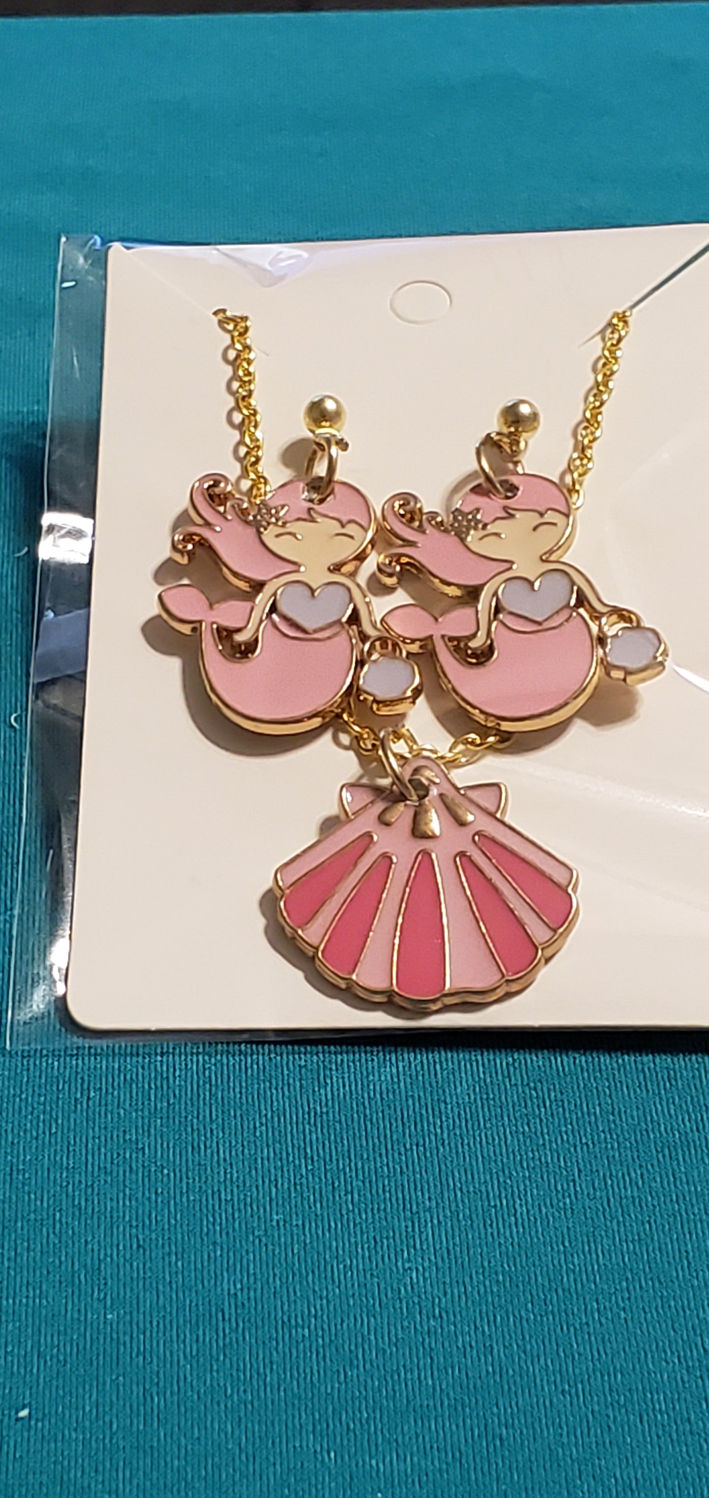 Gold plated pink mermaid earrings and pink sea shell