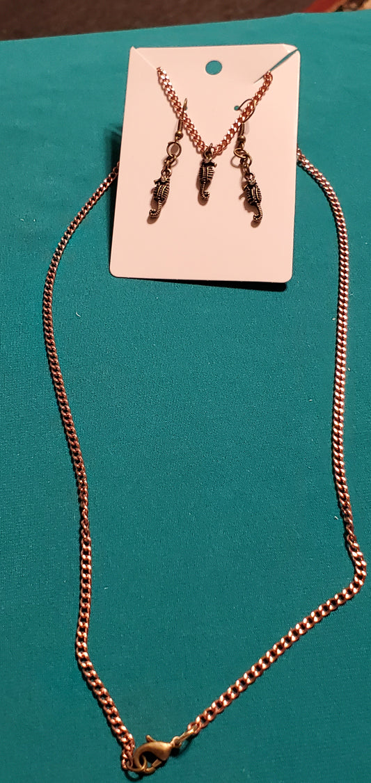 Bronze plated sea horse necklace and earrings