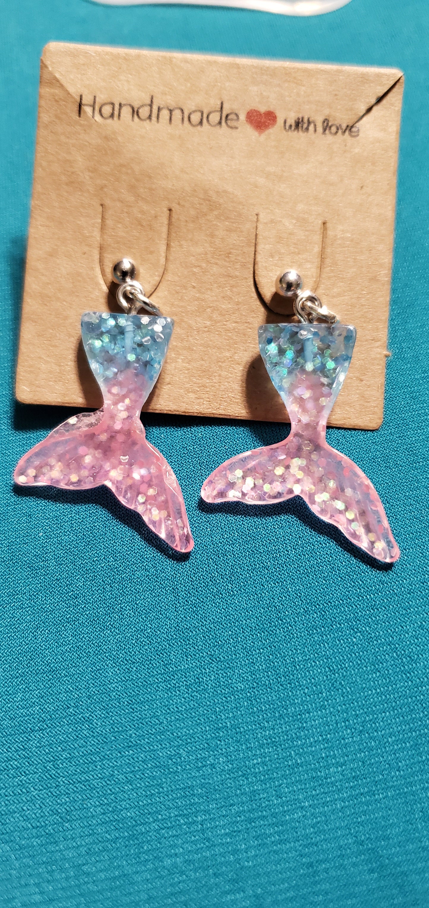 Pink and blue mermaid tail on silver plated post earrings