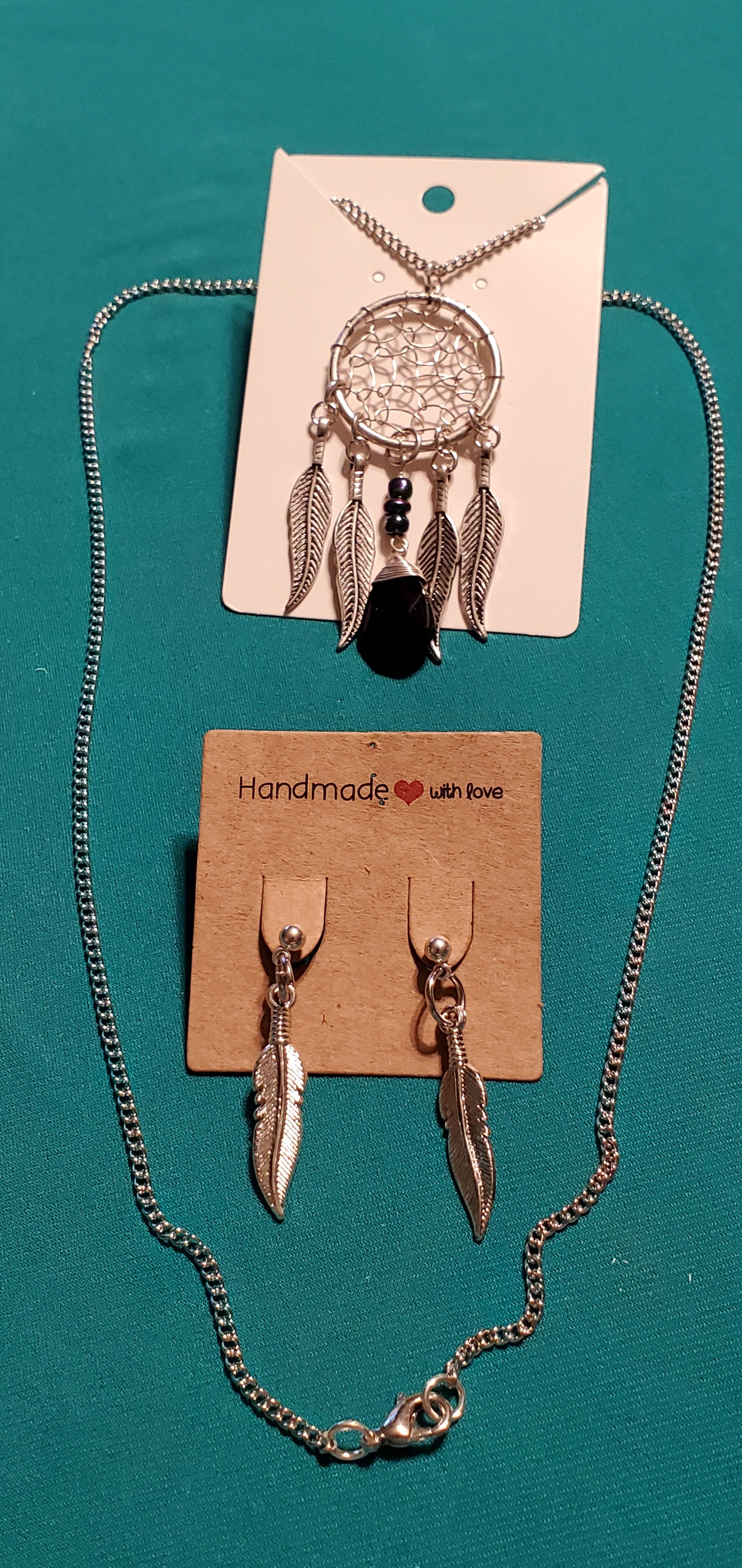 Stainless steel silver plated Dream catcher's necklace and feather earrings