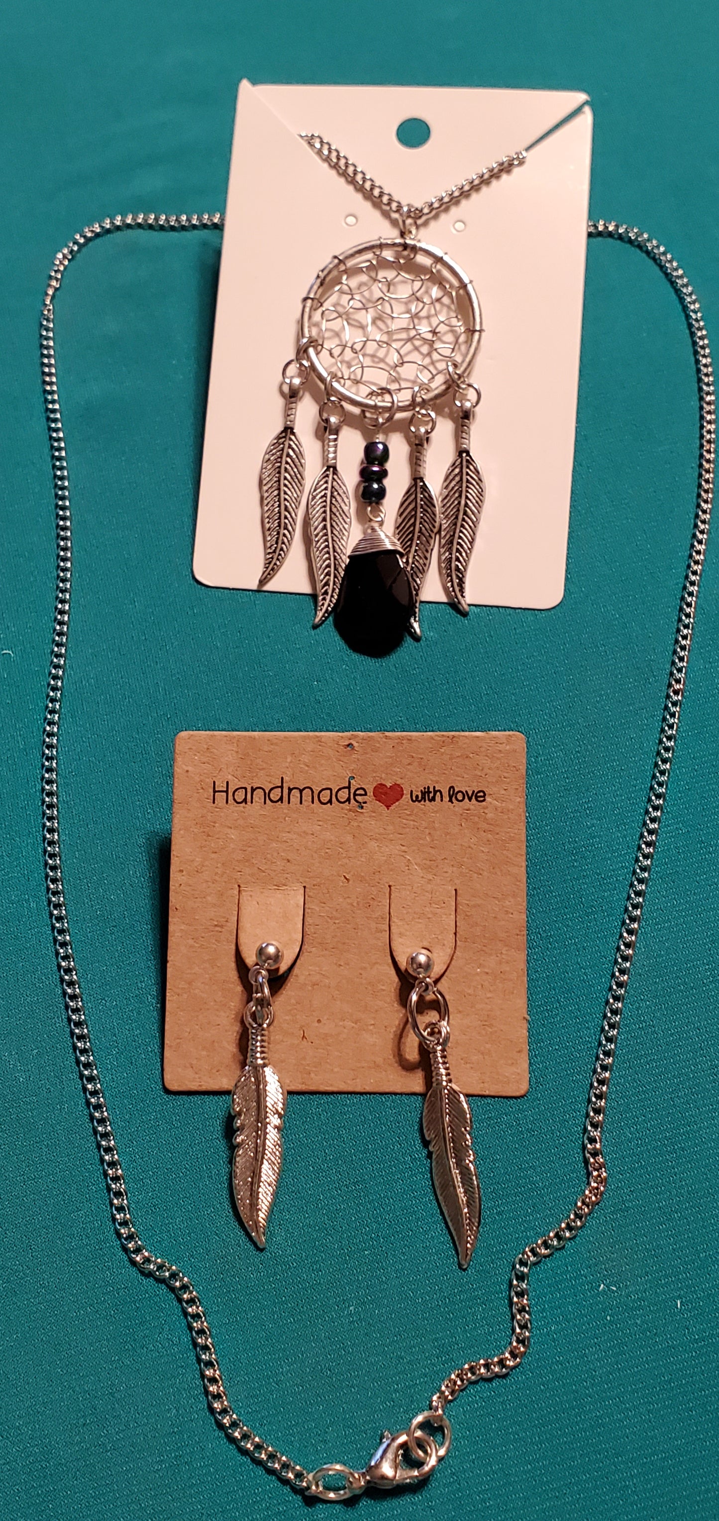 Stainless steel silver plated Dream catcher's necklace and feather earrings