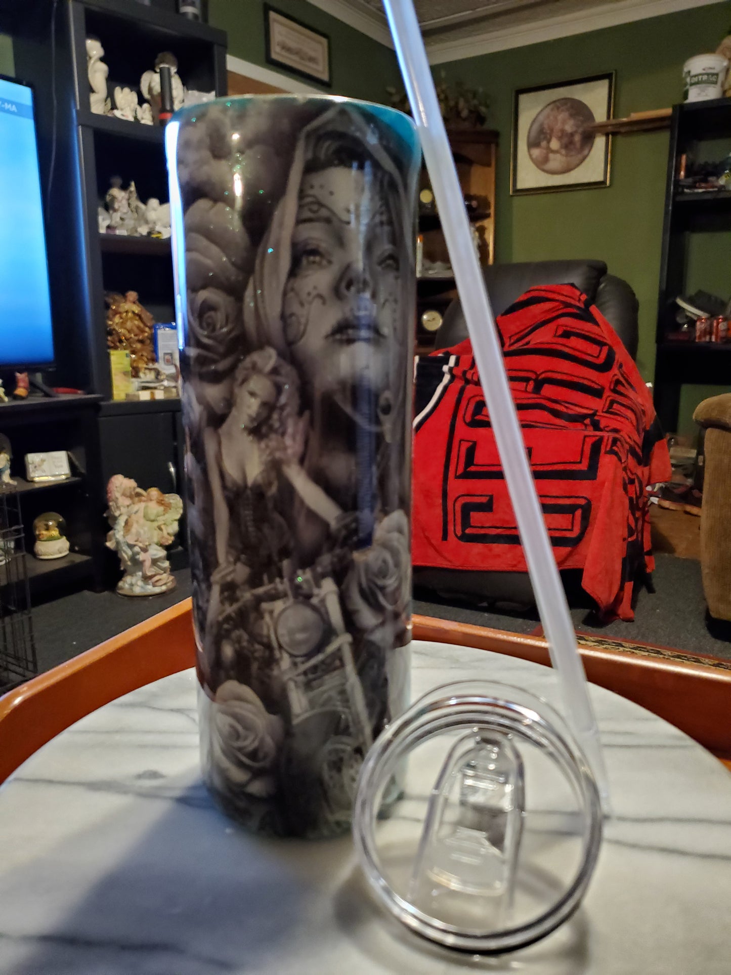 30 oz Lady on a motorcycle stainless steel tumbler cup