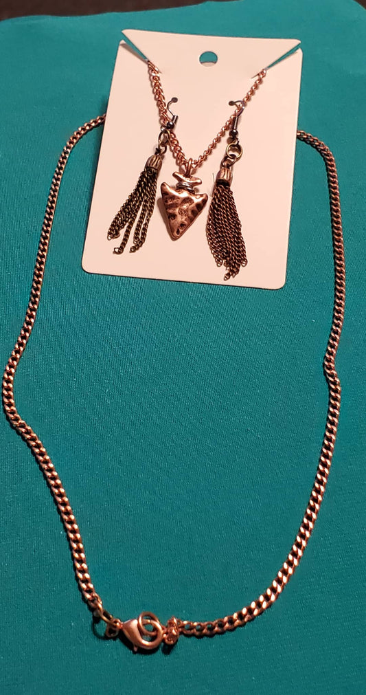 Bronze plated arrowhead necklace & bronze chain earrings